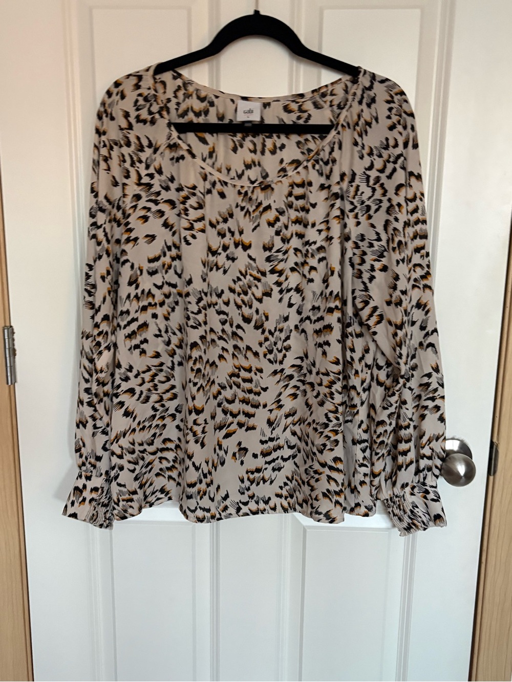 CAbi Cream Blouse with Black and Gold Feather Print
